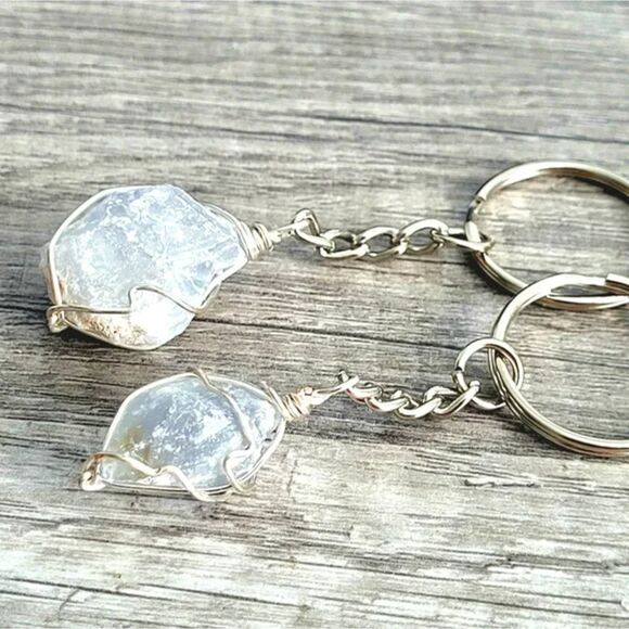 2/$15 Raw Celestite Crystal Keychain, Wire Wrapped, Gemstone Boho - Picture 3 of 4